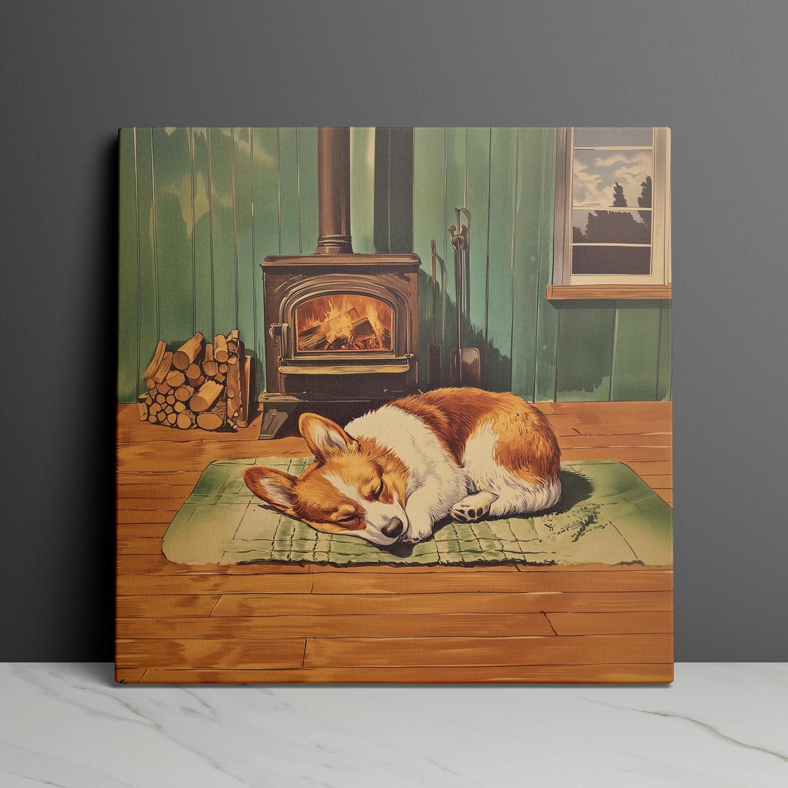 Sleeping Corgi Napping by a Warm Wood Stove Vintage Cabin Poster - Image 3
