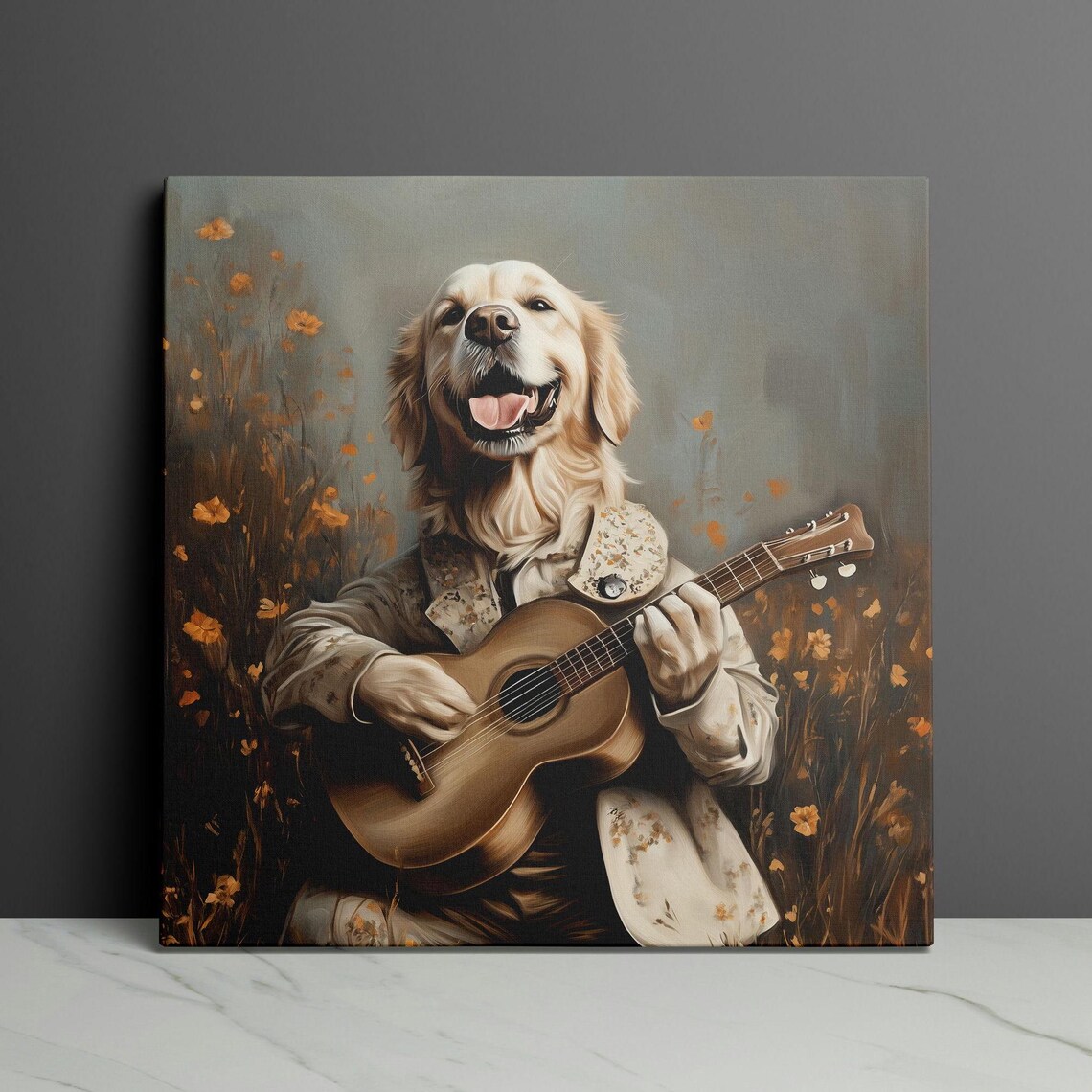 Golden Retriever Folk Singer Strumming Guitar In A Meadow Poster - Image 3