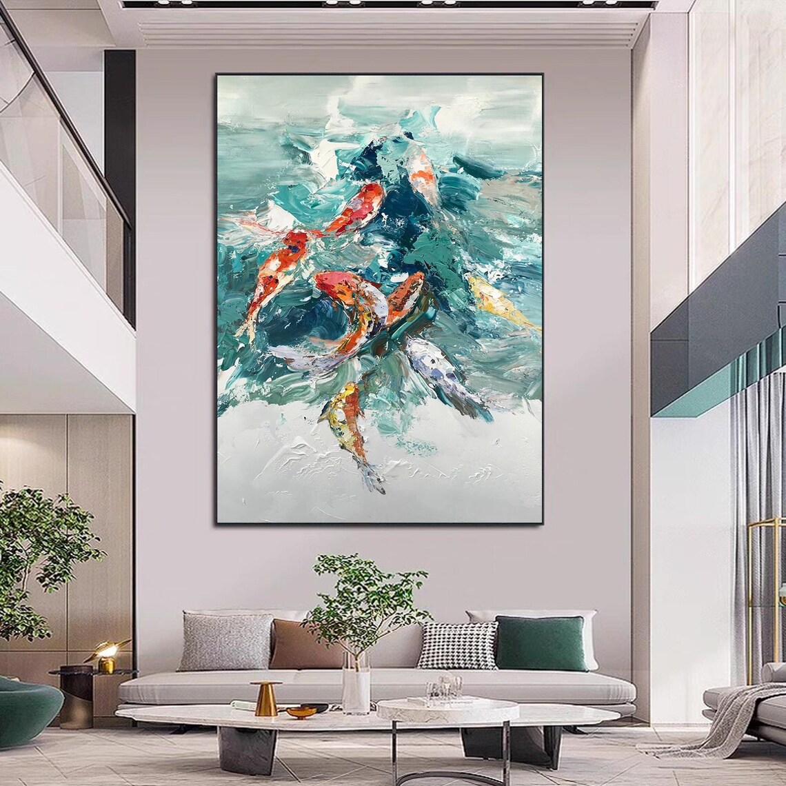 Koi Fish Textured Acrylic Painting, Zen Modern Artwork - Image 2