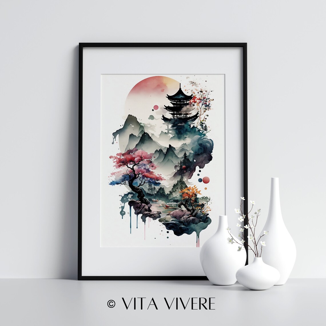 Japanese Watercolor Pagoda Red Sun Mountain Landscape Wall Art - Image 3