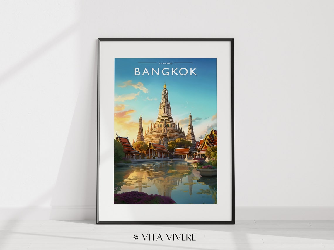 Bangkok Thailand Golden Temple Riverside Reflection Travel Poster - Image 2
