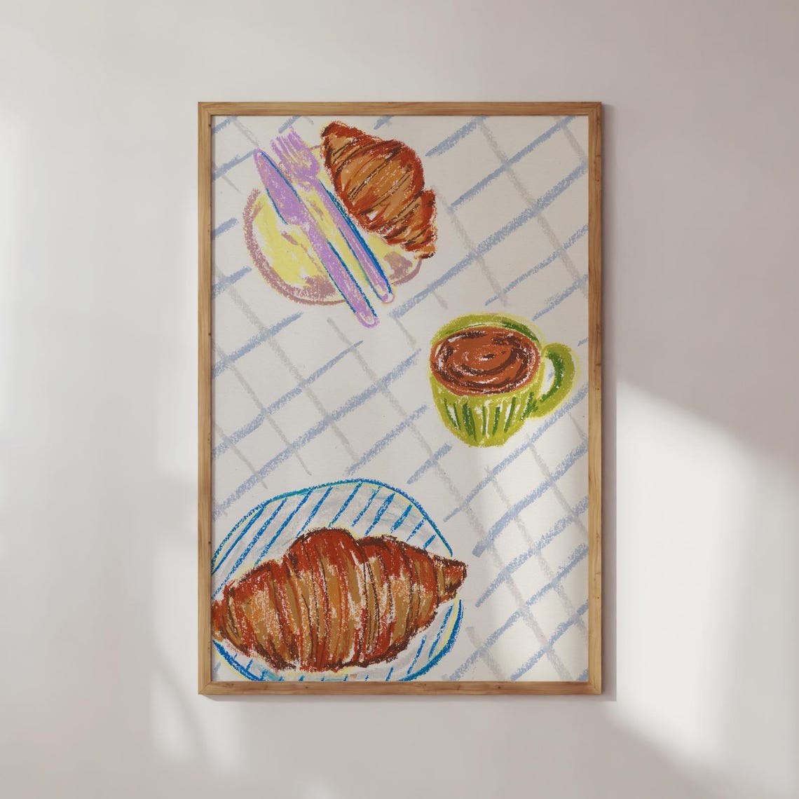 Croissant Coffee French Breakfast Crayon Sketch Kitchen Art Poster