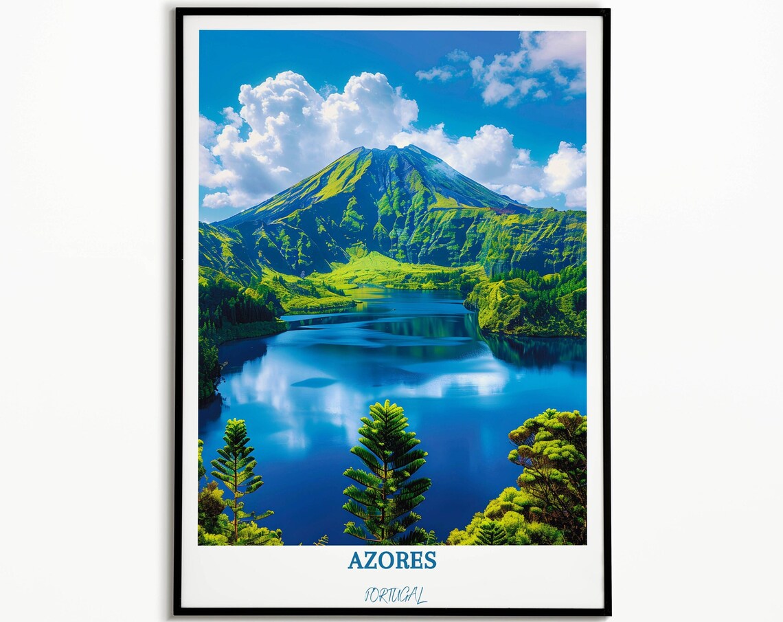 Azores Portugal Volcanic Crater Lake Lush Green Caldera Travel Poster