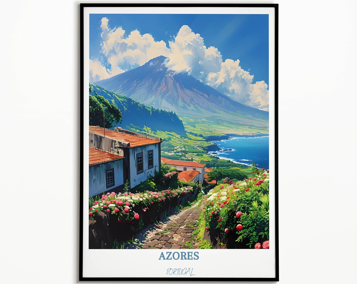 Azores Pico Mountain View Over Flower Lined Village Street Poster