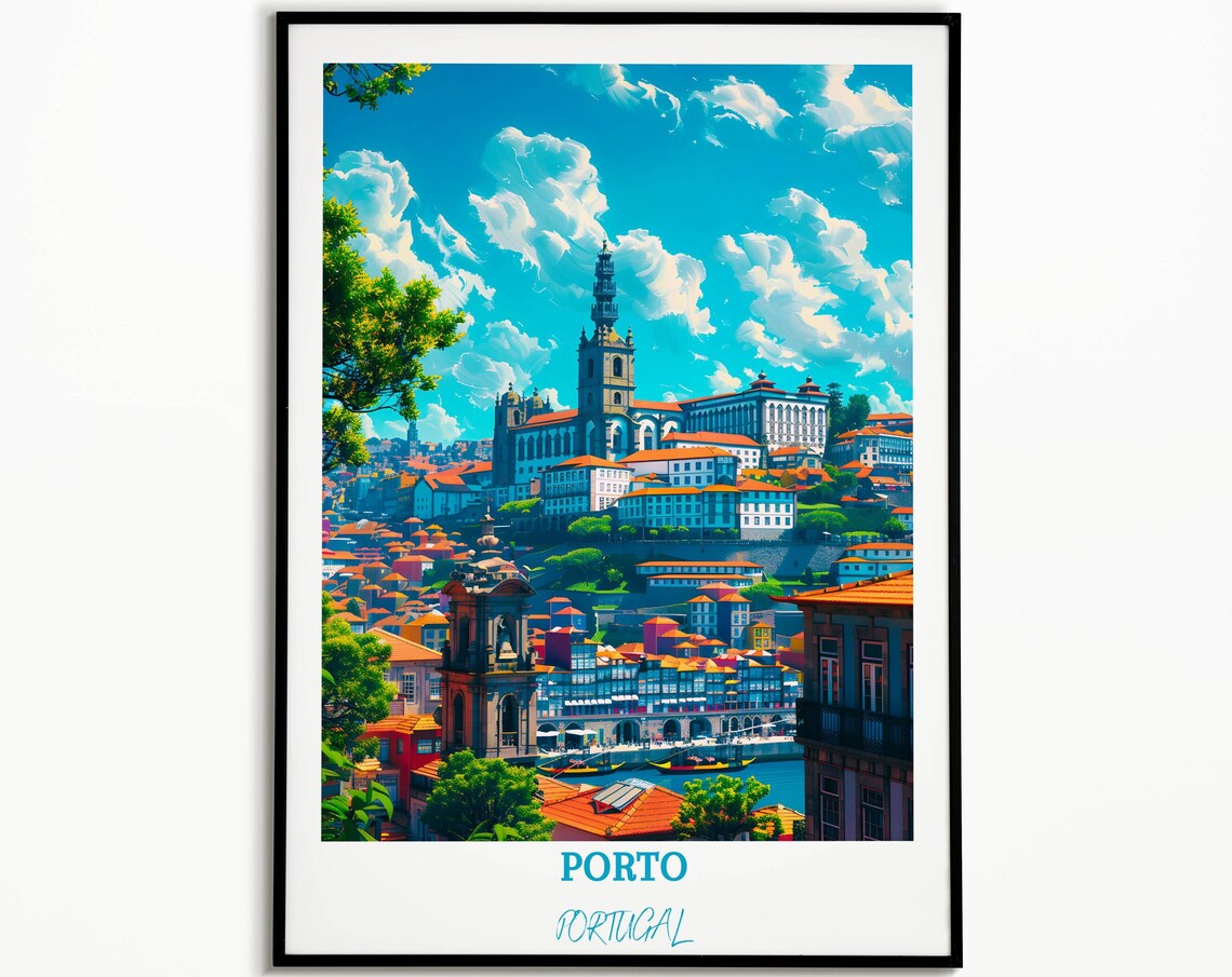 Porto Portugal City Rooftops Cathedral Blue Sky Panoramic Poster