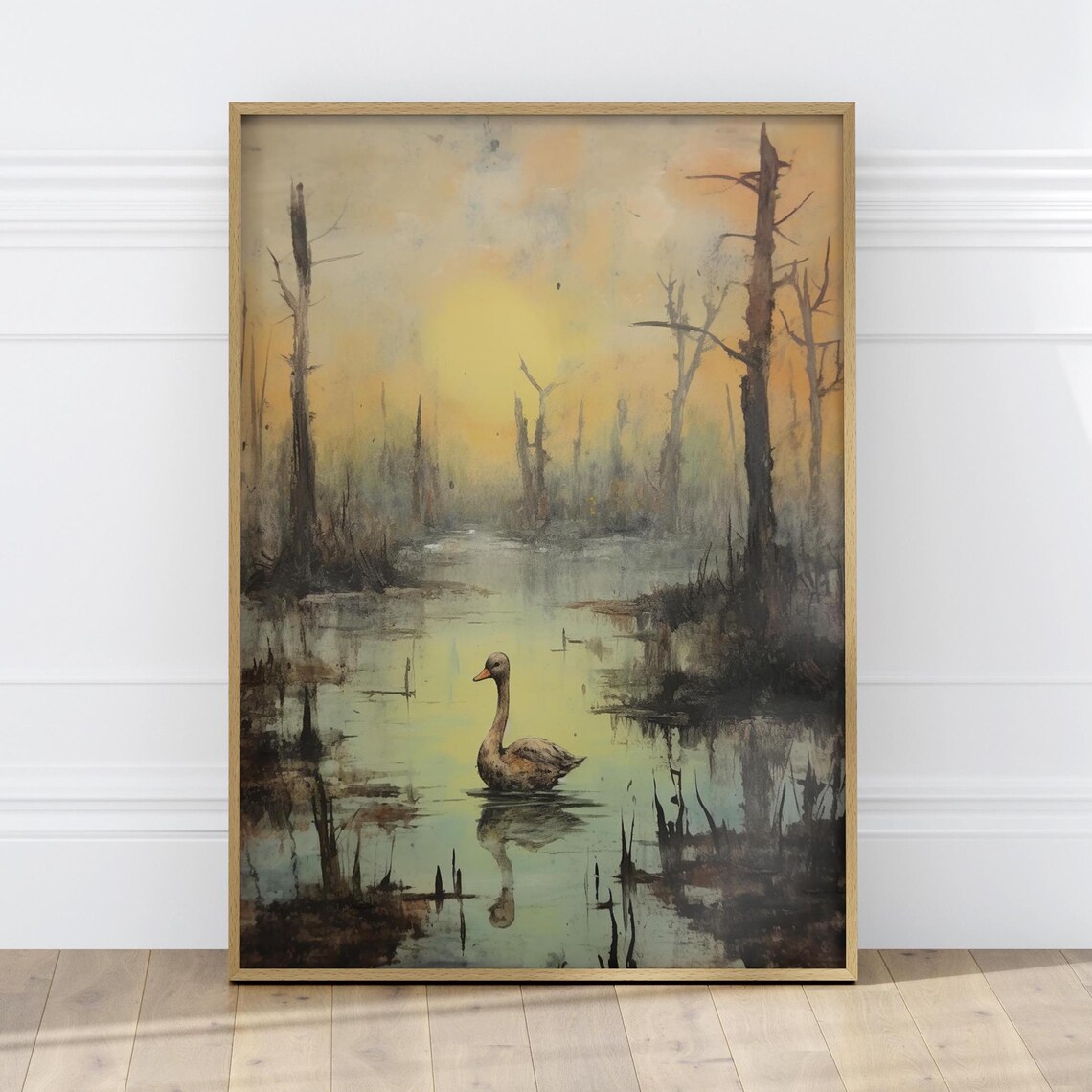 Sunset Duck On Misty Florida Swamp Wetland Reflections Painting Poster