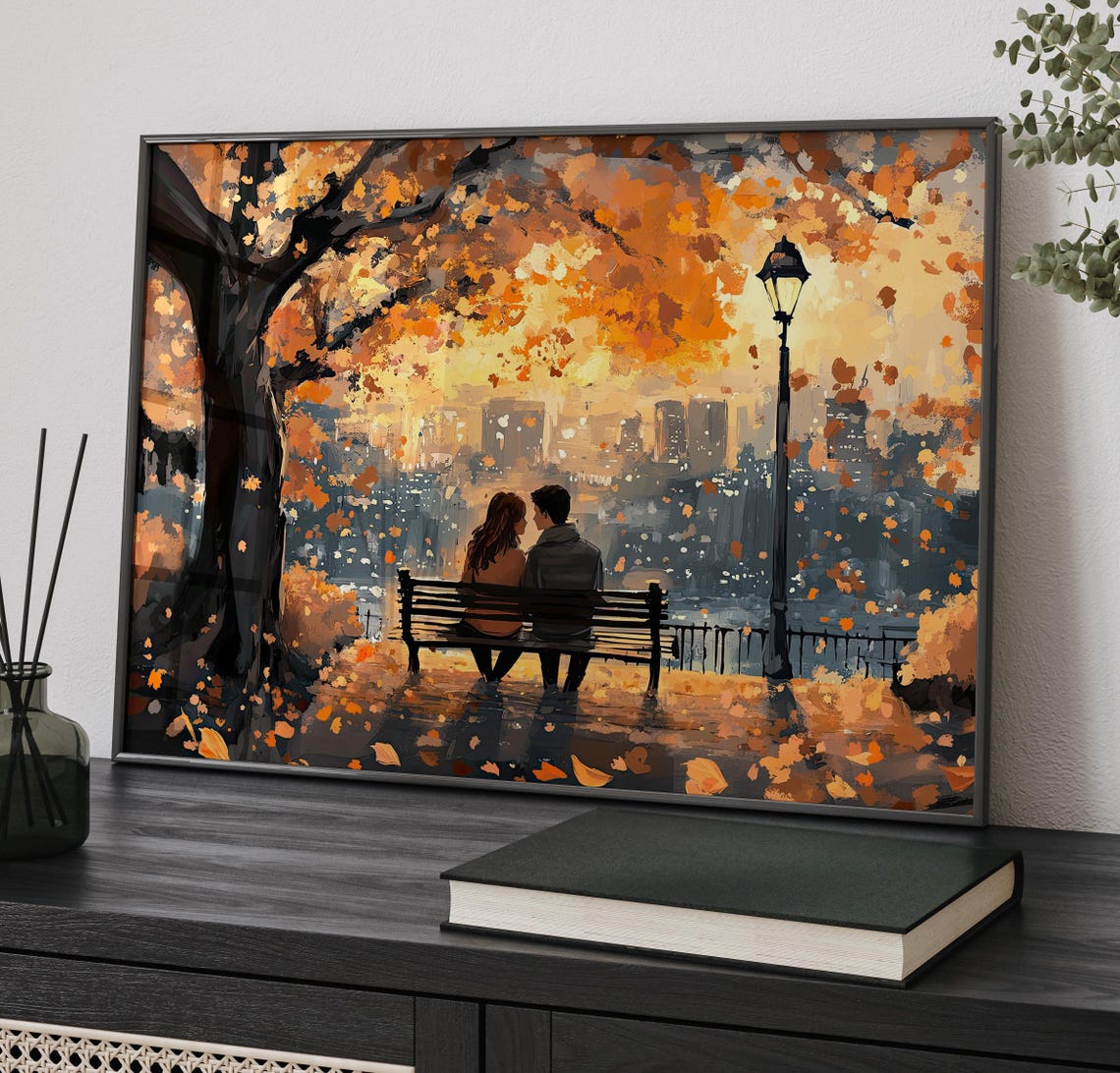 Autumn City Park Couple On Bench Overlooking Skyline Romance Poster