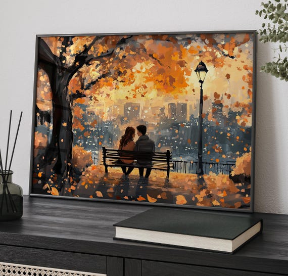 Couple On Bench In Autumn Park Abstract Romantic Cityscape Painting Poster Or Canvas Print Lovers Under The Tree With Fall Foliage Wall Art