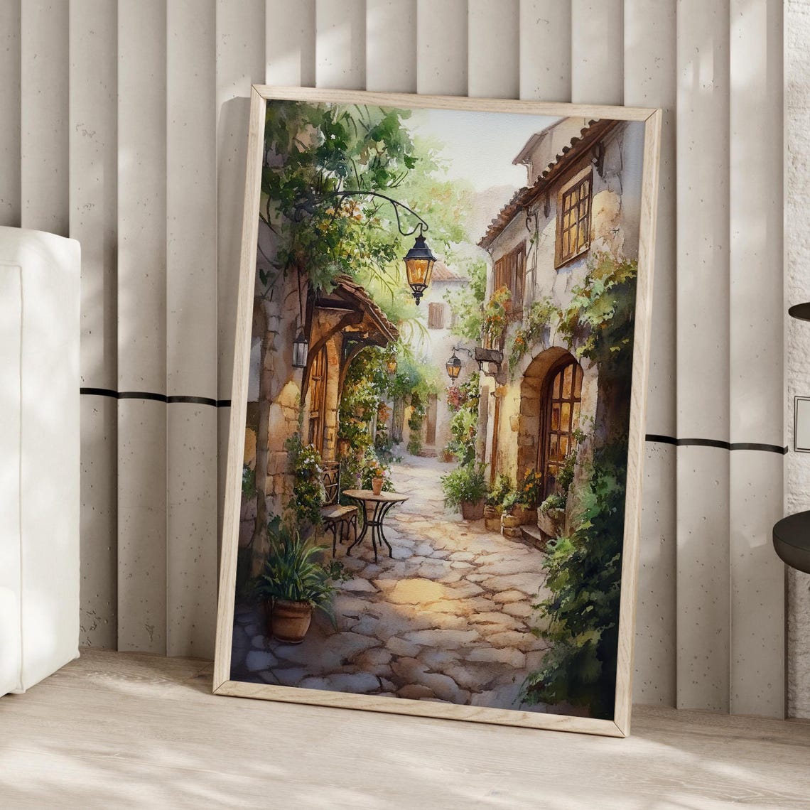 French Village Cobblestone Alley Watercolor Lanterns Art Print