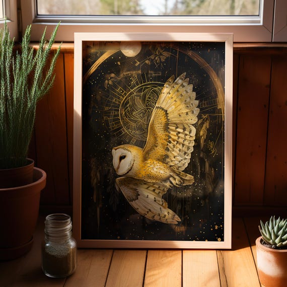 Golden Barn Owl In Flight Over Celestial Night Sky Dark Fantasy Poster