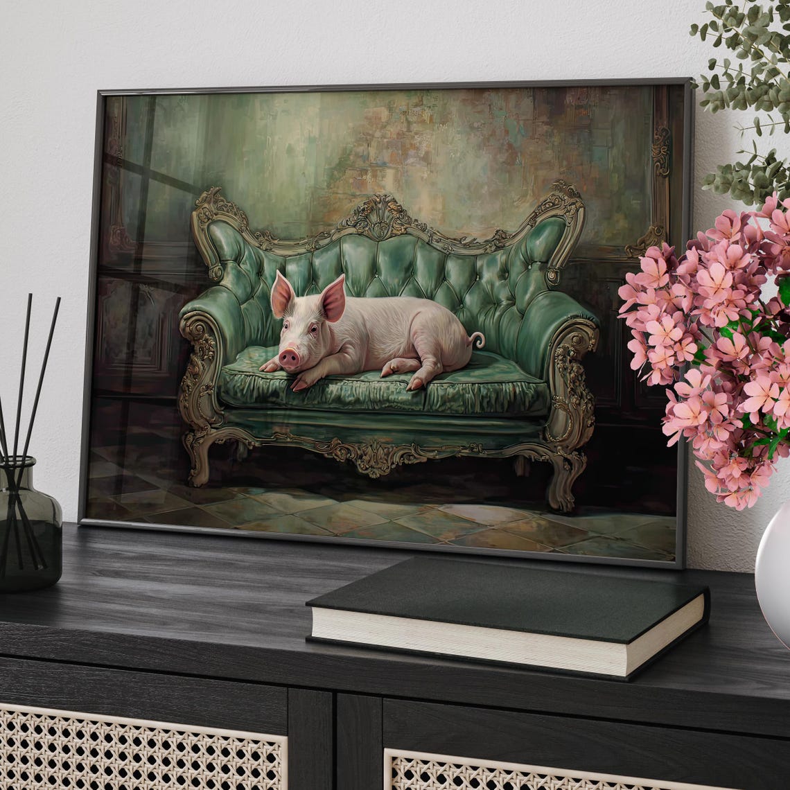 Whimsical Pig Resting on Vintage Green Victorian Sofa Poster