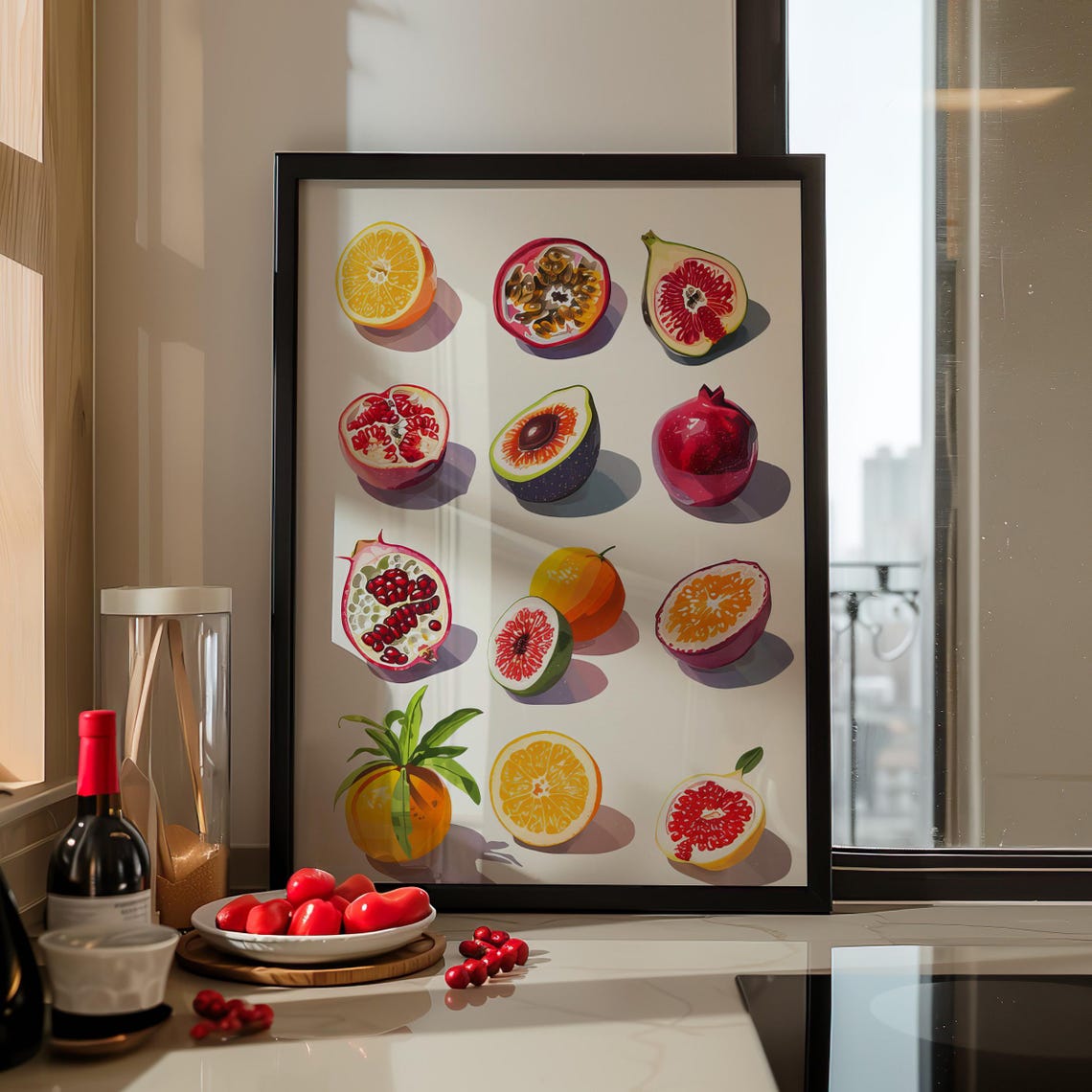 Sliced Citrus Pomegranate Fig Colorful Fruit Illustration Poster