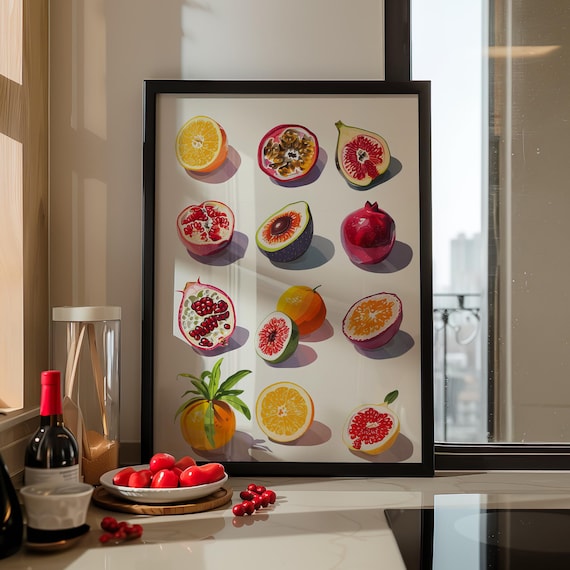 Sliced Citrus Pomegranate Fig Colorful Fruit Illustration Poster