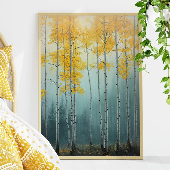 Yellow Aspen Grove Foggy Forest Oil Painting Poster Or Canvas Trees Wall Art Nature Landscape Moody Decor