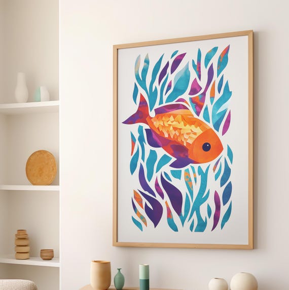 Colorful Abstract Sealife Art Poster Or Canvas Print Fauvism Style Henri Matisse Inspired Modern Fish Nautical Wall Decor