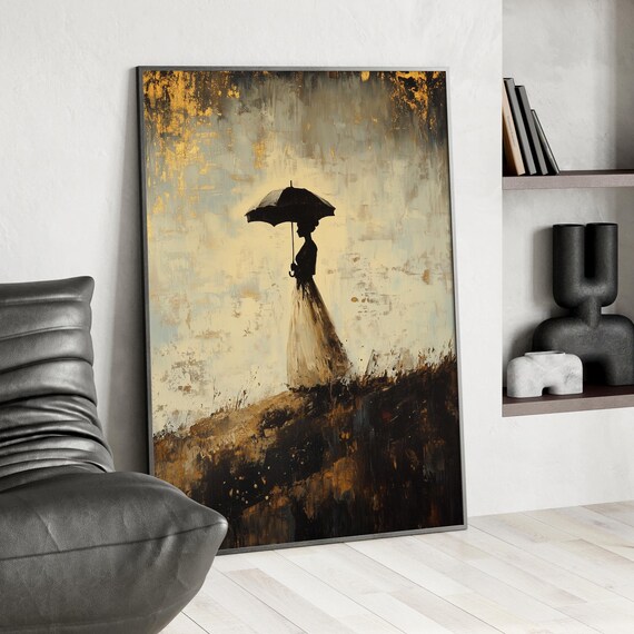 Victorian Lady Umbrella Silhouette Gold Tonal Painting Poster