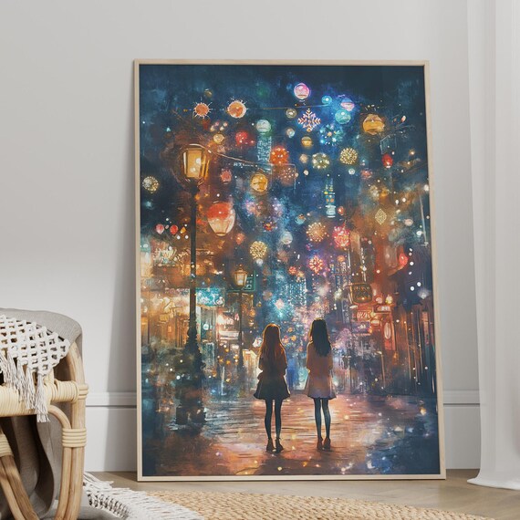 Two Girls In Neon Christmas Street Night Lights City Scene Poster