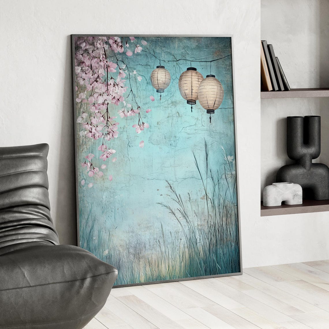 Japanese Paper Lanterns Cherry Blossom Vintage Painting Art Print - Image 4