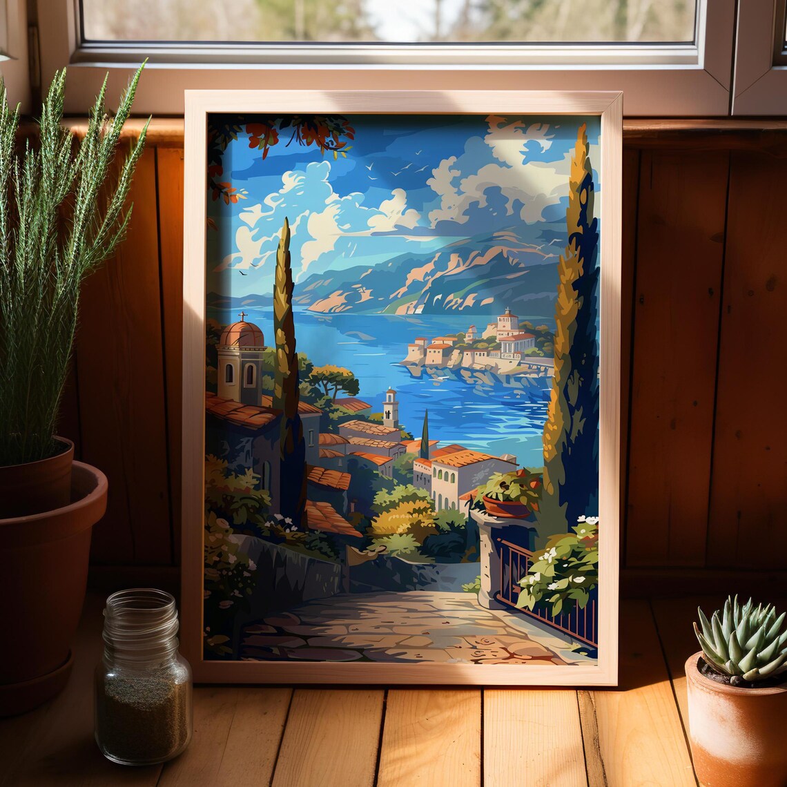 Greek Coastal Village Church Domes Mediterranean Travel Poster