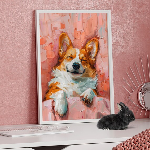 Cute Corgi Sleeping Pink Oil Painting Poster Or Canvas Print Funny Pet Portrait Quirky Dog Animal Girls Room Decor