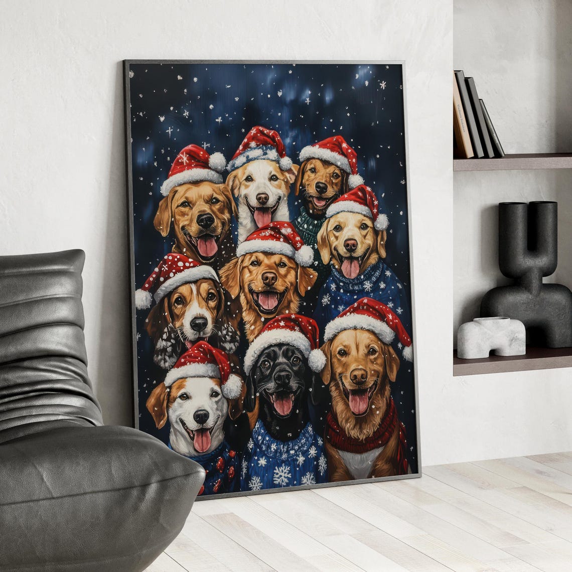 Whimsical Dogs In Christmas Hats Portrait Oil Painting Poster Or Canvas Smiling Puppies Pet Art Print Dog Holiday Wall Decor