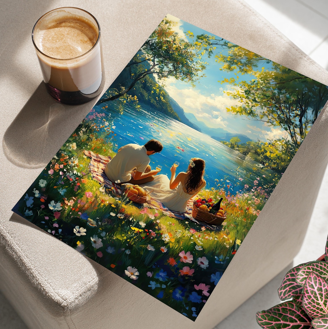 Romantic Couple Picnic By Lake Wildflower Meadow Painting Poster
