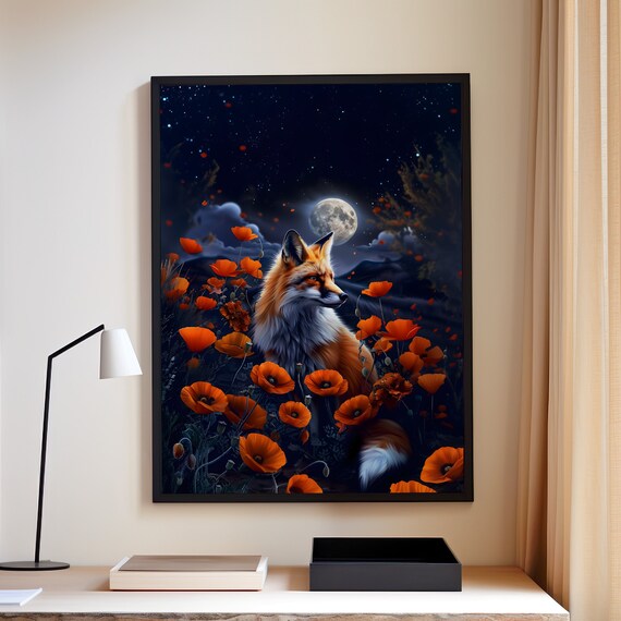 Fox In The Orange Poppy Field Night Scenery Art Poster Print Or Canvas Moonlit Floral Wall With Flowers Botanical