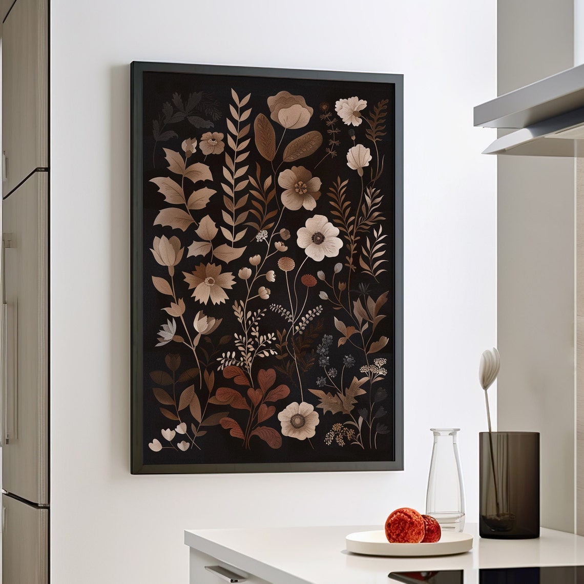 Moody Dark Botanical Wildflower Black Background Floral Art Poster