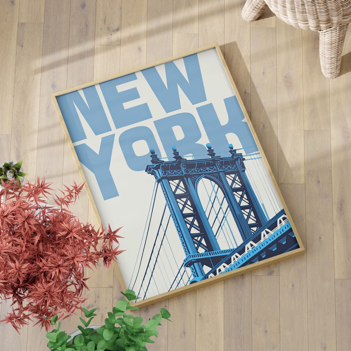 New York Manhattan Bridge Bold Blue Typography City Art Poster