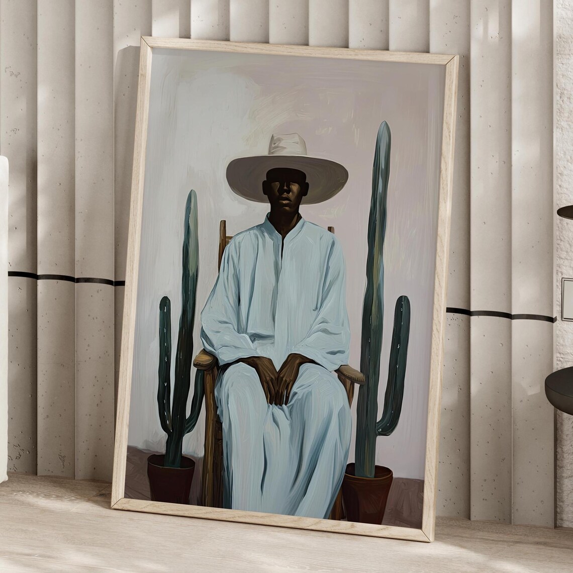 Seated Man in Sombrero Between Cacti Southwestern Portrait Painting Poster