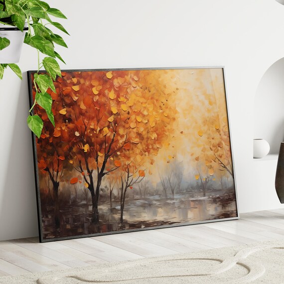 Autumn Trees With Fiery Orange Leaves Textured Acrylic Painting Poster