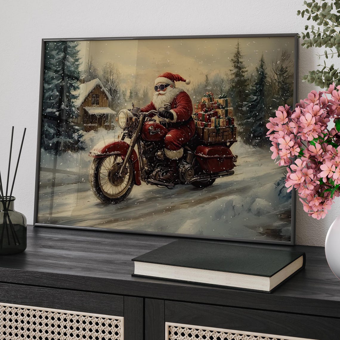 Santa Claus Riding Vintage Motorcycle Snowy Winter Forest Poster