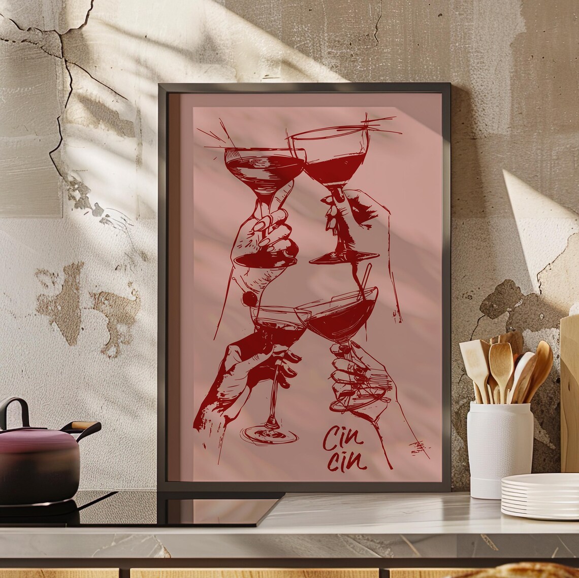 Cin Cin Cocktail Cheers Red Line Art On Blush Pink Retro Bar Poster