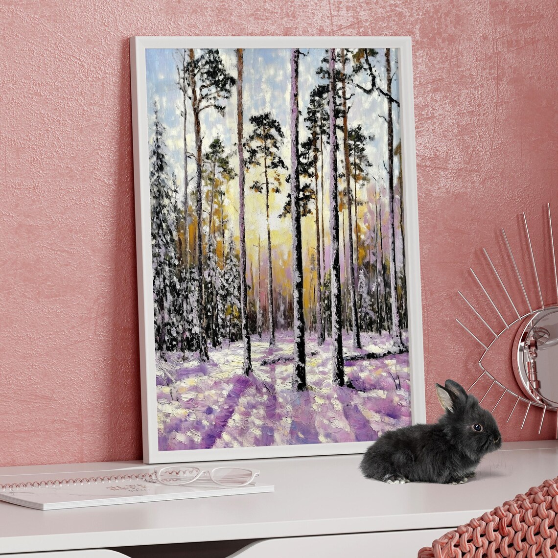 Snowy Pine Forest Sunset Winter Wonderland Nature Painting Poster - Image 3