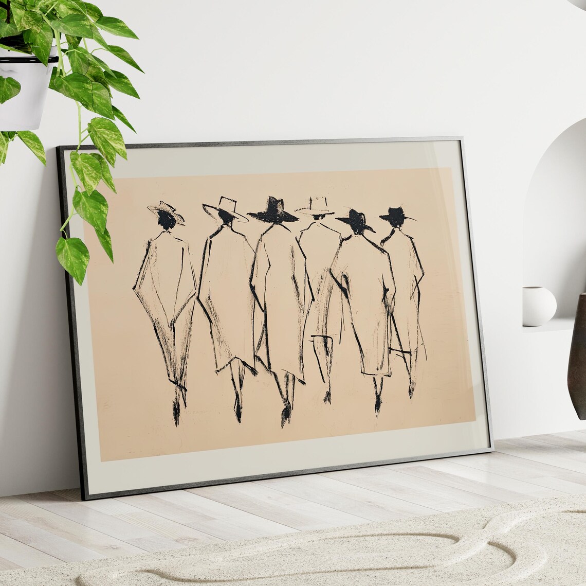 Minimalist Women In Wide Hats Ink Line Sketch French Style Poster