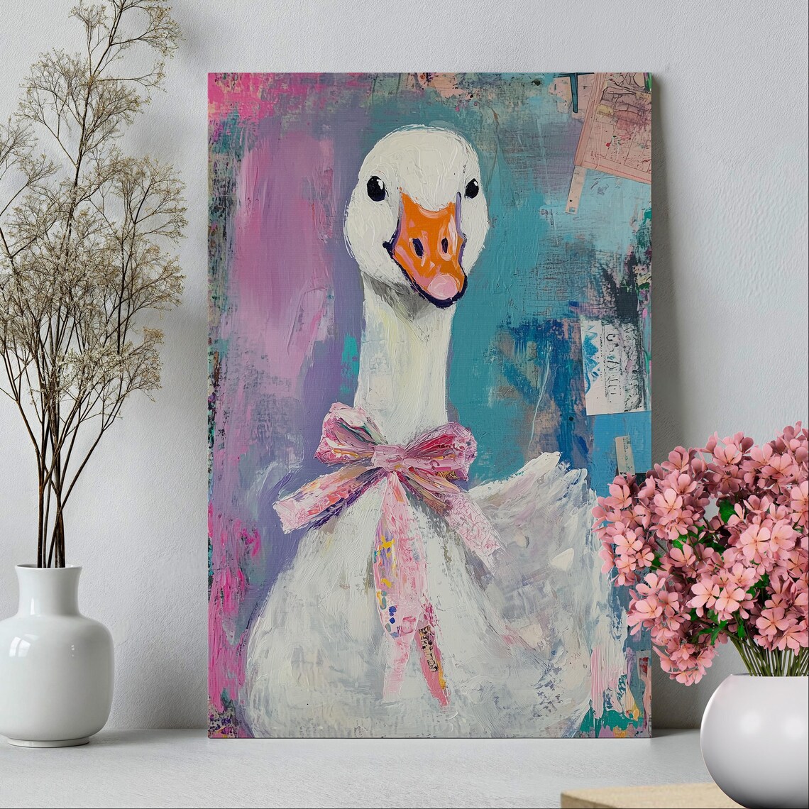 White Goose Wearing Pink Bow Colorful Pop Art Bird Portrait Poster - Image 3