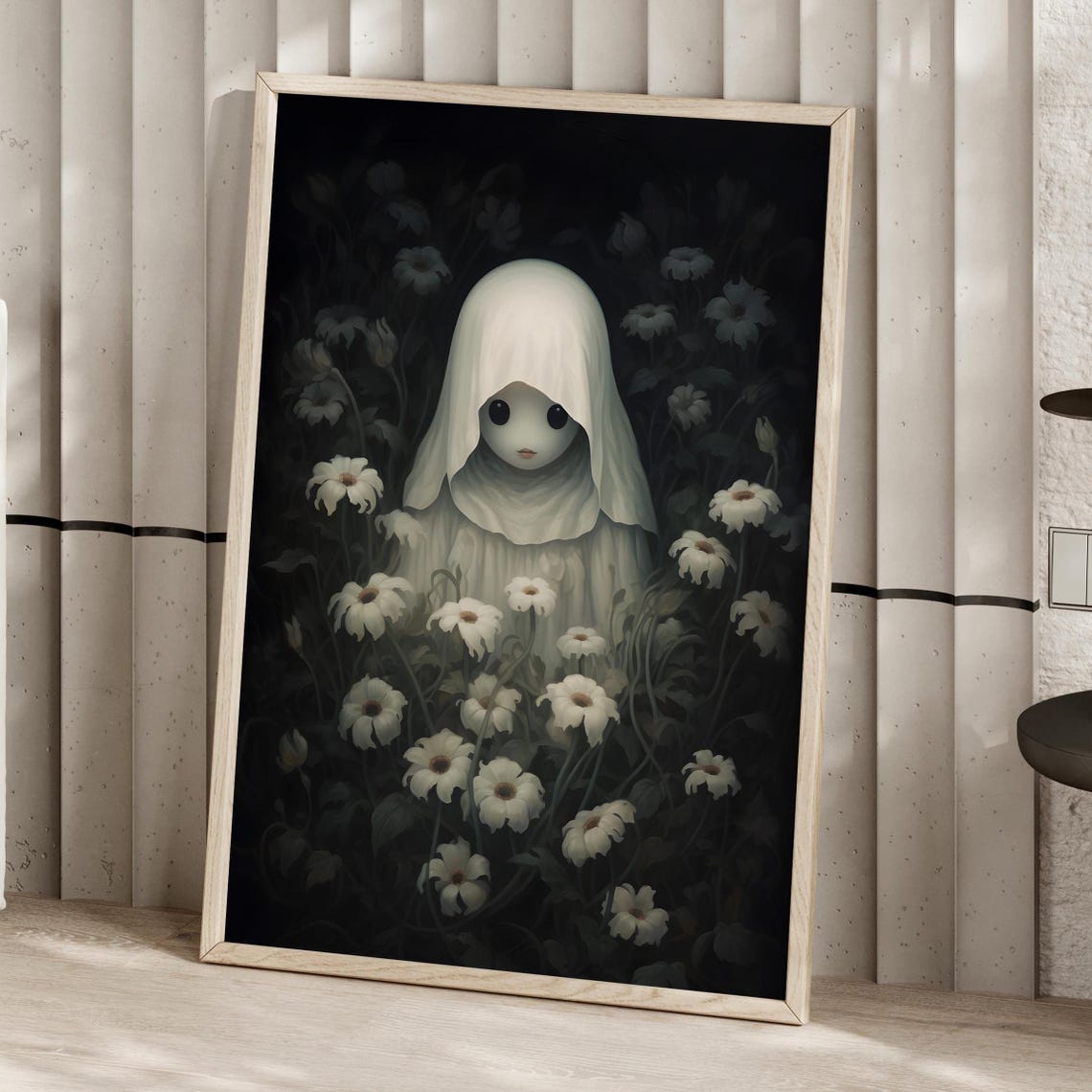 Spooky Ghost Figure Standing Among White Night Flowers Poster