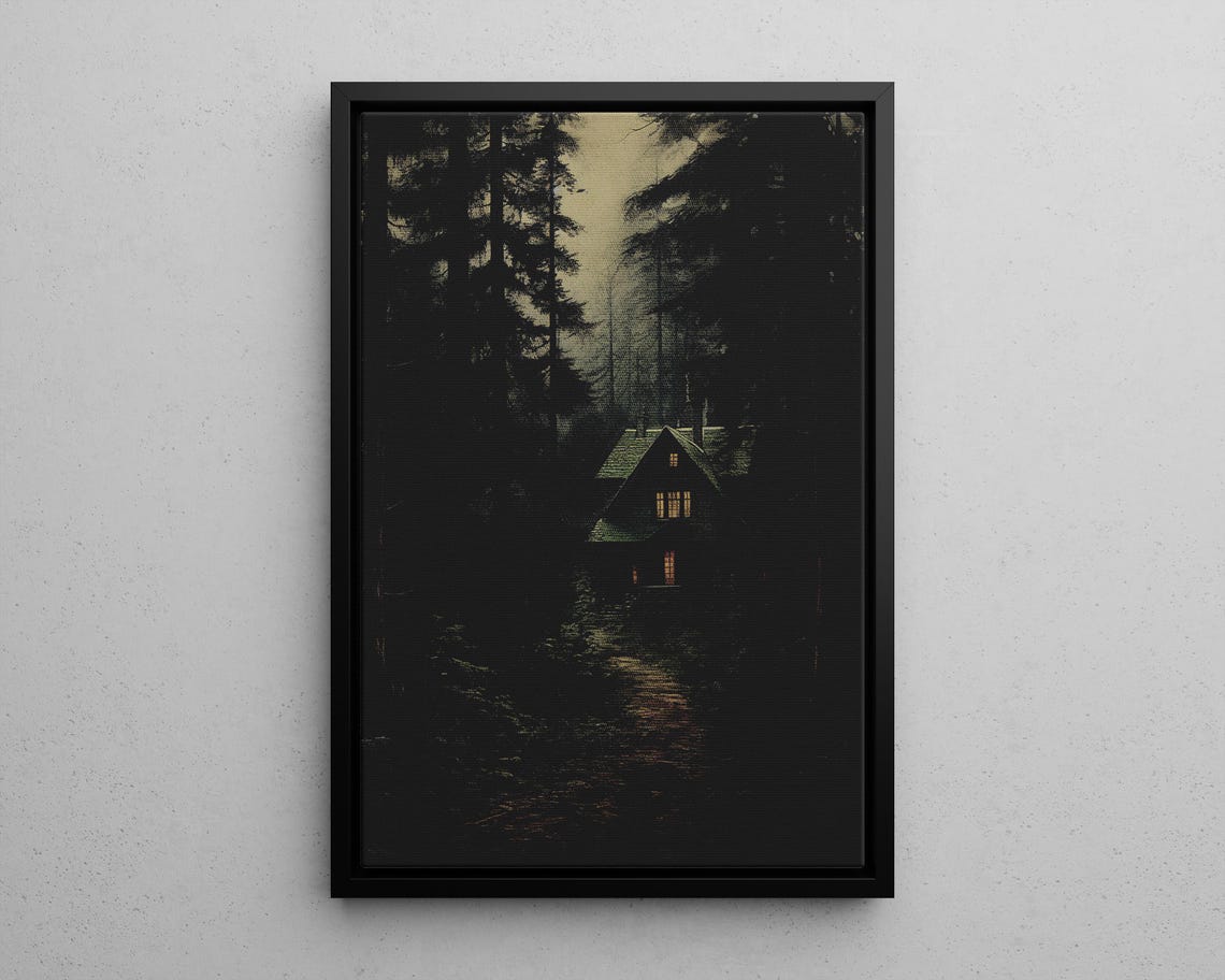 Moody Cabin in Dark Pine Forest Dark Academia Gothic Art Poster