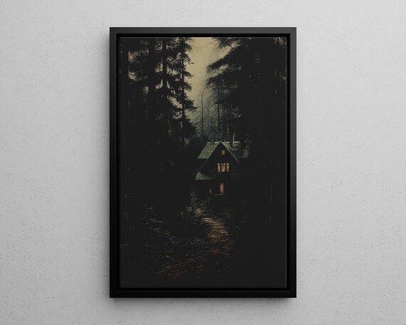 Vintage Forest House Wall Art Print Or Canvas Moody Pine Trees Dark Academia Witchy Big Cottage Poster Nature Home Room Decor