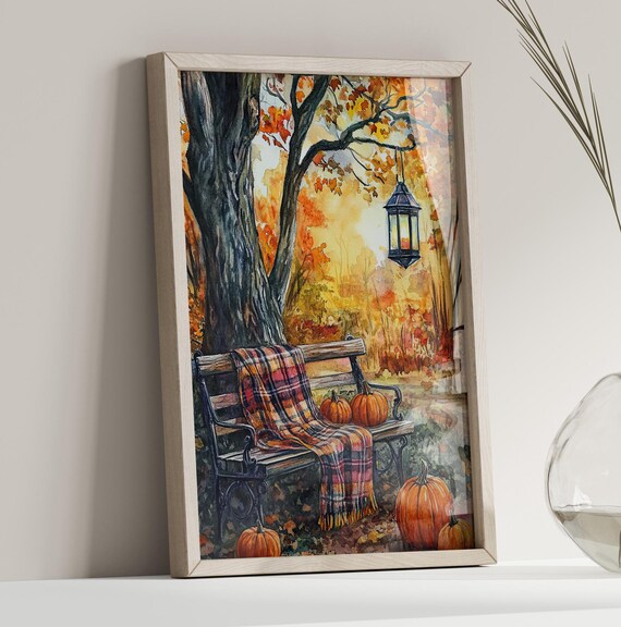 Autumn Bench With Pumpkins And Lantern Watercolor Fall Poster