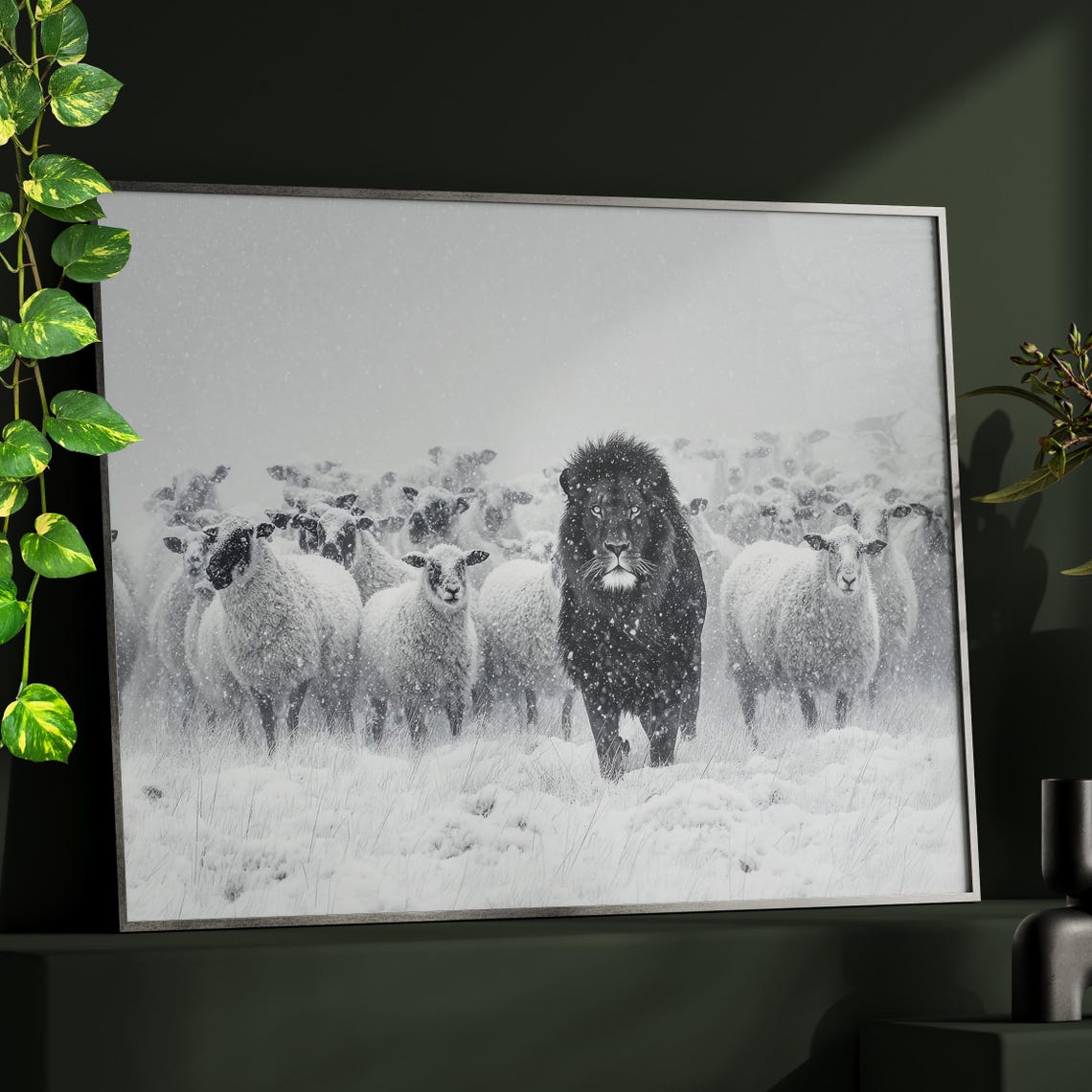Black Lion Among Sheep In Snow Monochrome Wildlife Art Poster