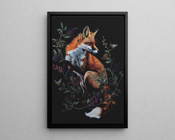 Fox With Berries And Bees Dark Art Print Canvas Or Poster Animal Botanical Academia Witchy Wall