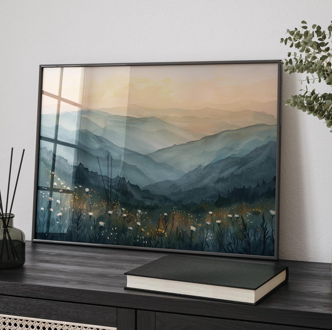 Misty Blue Ridge Mountains at Dawn with Wildflower Meadow Poster