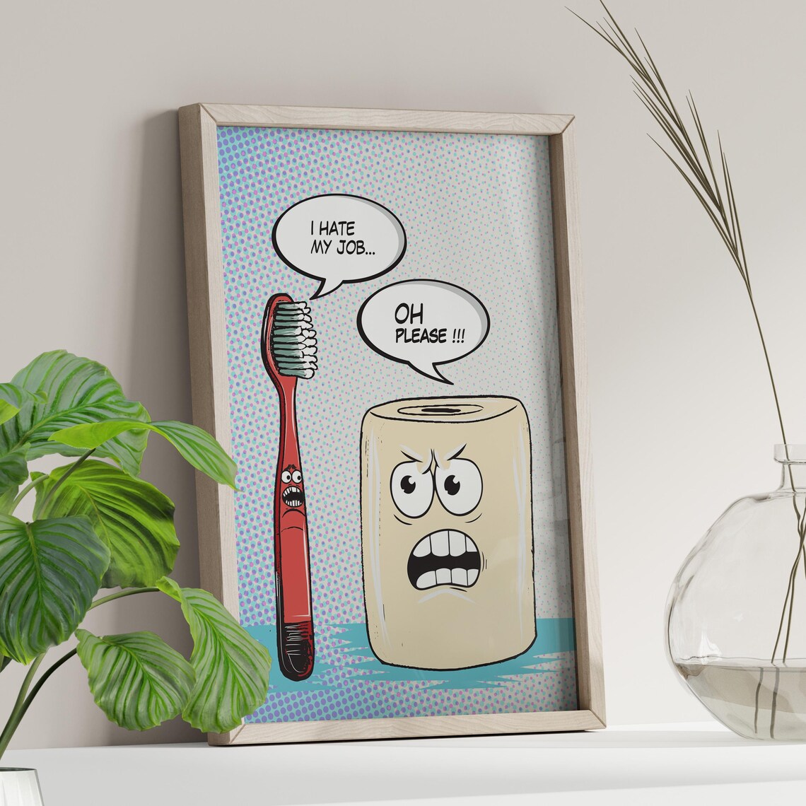 Funny Toothbrush and Toilet Paper Cartoon Bathroom Humor Poster