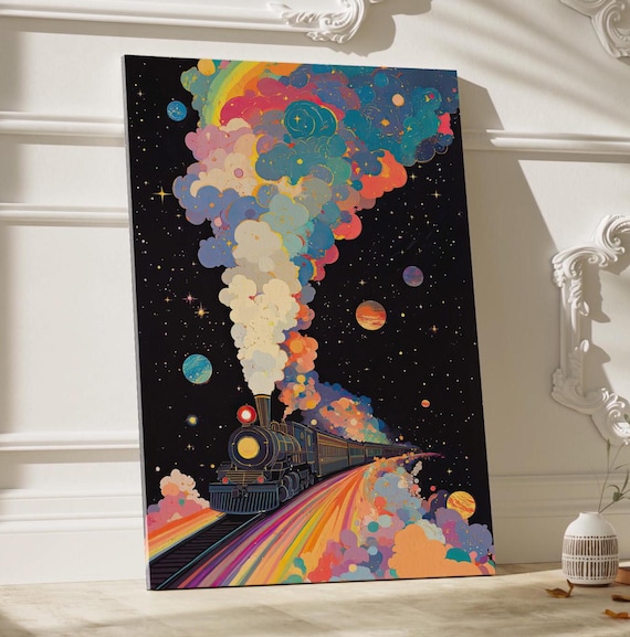 Train In Space Colorful Illustration Poster Or Canvas Print Starry Night Sky Art Whimsical Celestial Black Surreal Wall