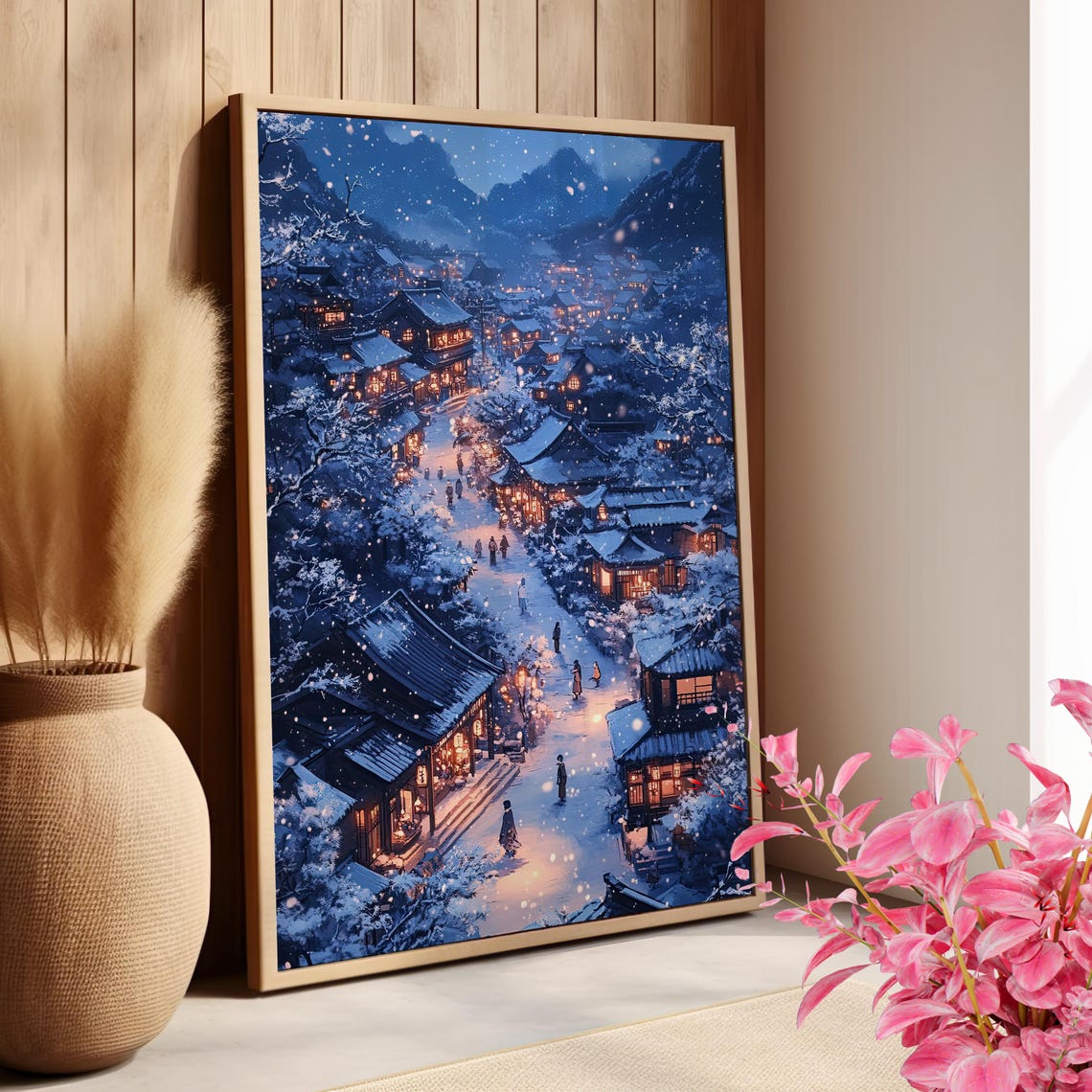 Snowy Village at Night Glowing Windows Cinematic Winter Wall Art