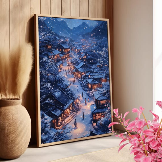 Snowy Village At Night Surreal Wall Art Poster Or Canvas Print Winter Forest Aerial View Cinematic Scene
