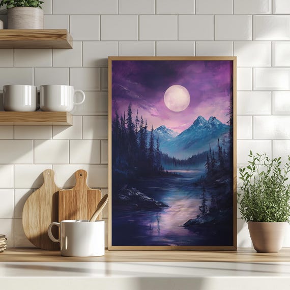 Serene Mountain And Moonlit Forest Landscape Painting Poster Or Canvas Print Magical Night Art Purple Blue Nature Wall