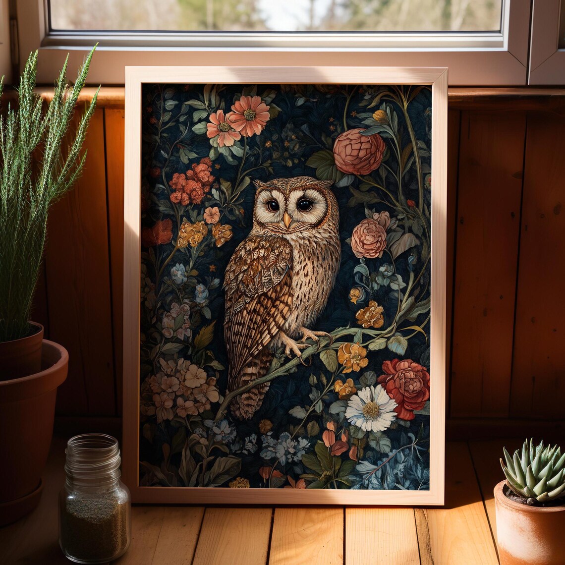 William Morris Inspired Owl In Blooming Garden Vintage Bird Art Poster