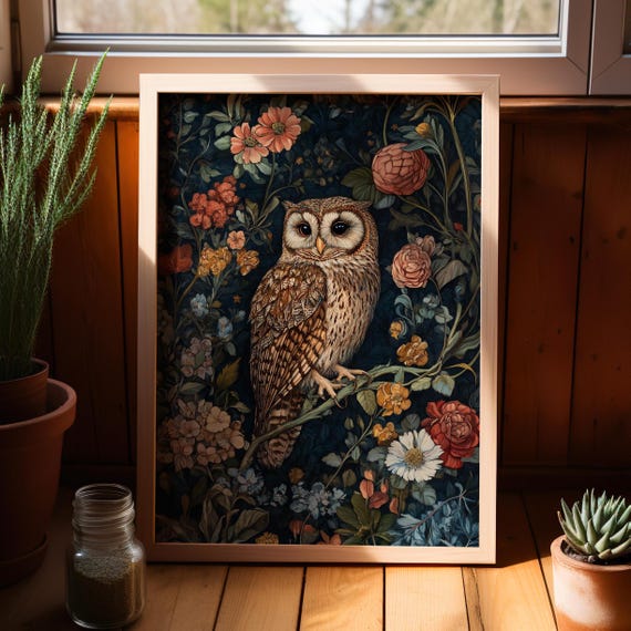 Owl Garden Art William Morris Inspired Oil Painting Poster Or Canvas Print Vintage In The Flower Modern Botanical Bird